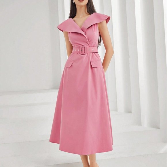. Dresses & Skirts - Pink Preppy Womens Solid Belted Dress